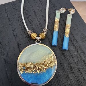 BrazenSoul Blue Resin & Gold Leaf Necklace & Earrings Set